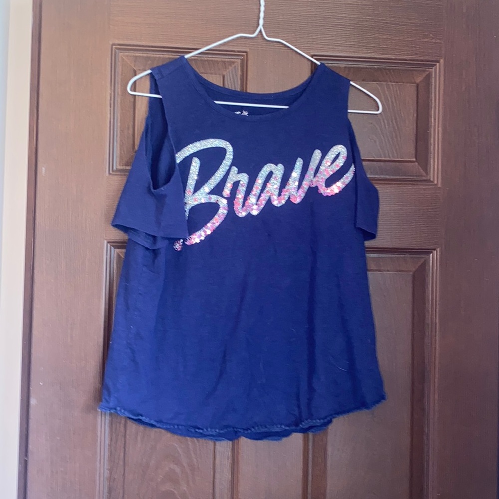 Justice girls size 18/20 brave sequin and glitter off the shoulder shirt